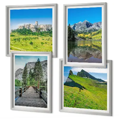 Ensemble de 4 tableaux représentant des collines verdoyantes avec un château