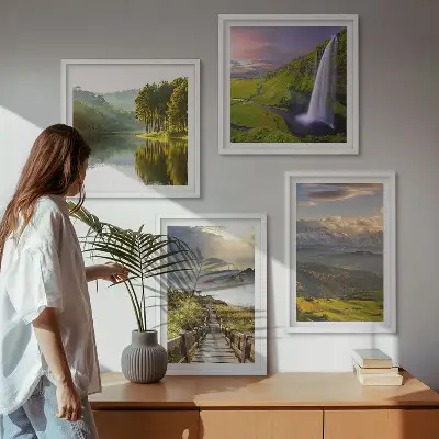 Ensemble de 4 tableaux paysages de montagne avec cascade