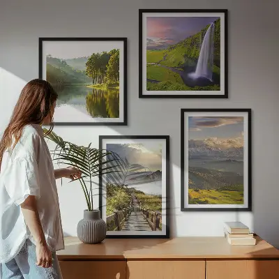Ensemble de 4 tableaux paysages de montagne avec cascade