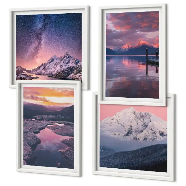 Ensemble de 4 tableaux représentant des paysages magnifiques avec des montagnes et de l'eau