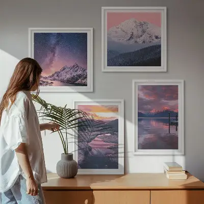 Ensemble de 4 tableaux représentant des paysages magnifiques avec des montagnes et de l'eau