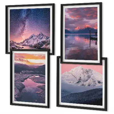 Ensemble de 4 tableaux représentant des paysages magnifiques avec des montagnes et de l'eau