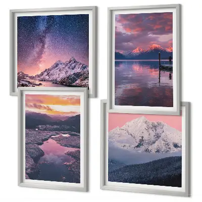 Ensemble de 4 tableaux représentant des paysages magnifiques avec des montagnes et de l'eau