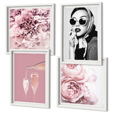 Ensemble de 4 tableaux Fleurs pivoines roses élégance