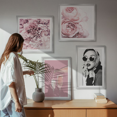Ensemble de 4 tableaux Fleurs pivoines roses élégance