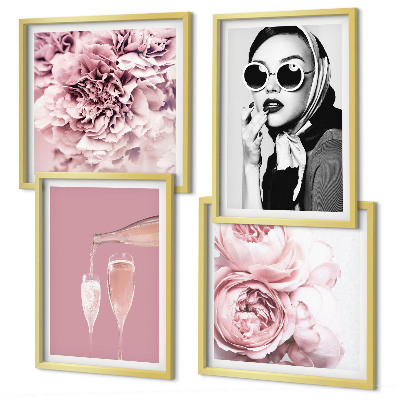 Ensemble de 4 tableaux Fleurs pivoines roses élégance
