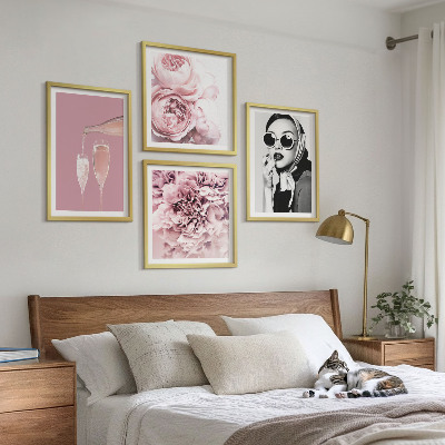 Ensemble de 4 tableaux Fleurs pivoines roses élégance