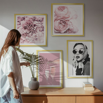 Ensemble de 4 tableaux Fleurs pivoines roses élégance