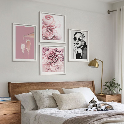 Ensemble de 4 tableaux Fleurs pivoines roses élégance