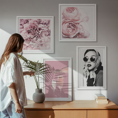 Ensemble de 4 tableaux Fleurs pivoines roses élégance
