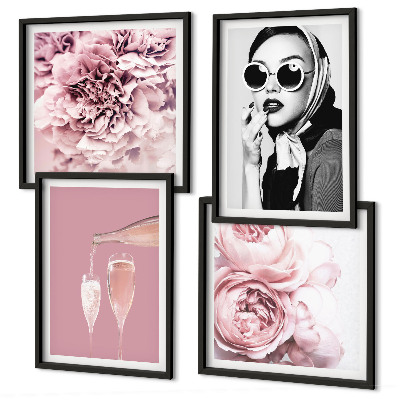 Ensemble de 4 tableaux Fleurs pivoines roses élégance