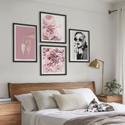 Ensemble de 4 tableaux Fleurs pivoines roses élégance