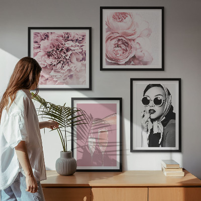 Ensemble de 4 tableaux Fleurs pivoines roses élégance