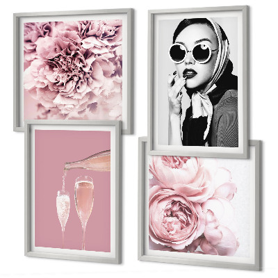 Ensemble de 4 tableaux Fleurs pivoines roses élégance