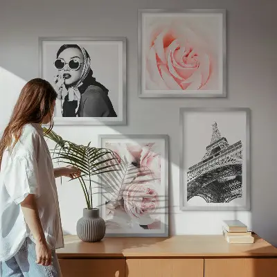 Mur de tableaux portrait d'une femme par Eiffel avec des roses