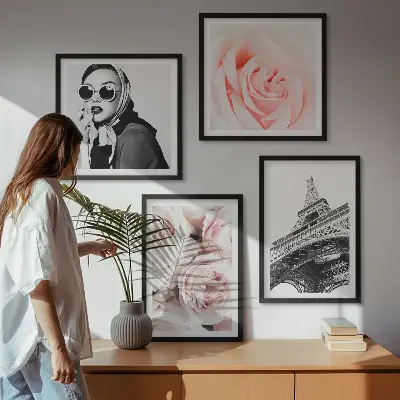 Mur de tableaux portrait d'une femme par Eiffel avec des roses