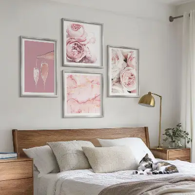 Tableau polyptyque en 2 cadres motif roses champagne sur fond marbre pastel