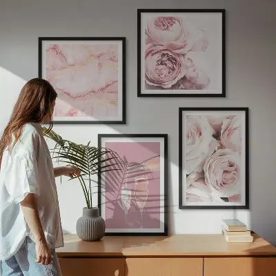 Tableau polyptyque en 2 cadres motif roses champagne sur fond marbre pastel