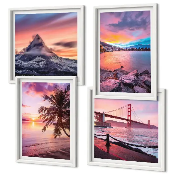 Ensemble de 4 tableaux représentant un paysage de pont au coucher du soleil