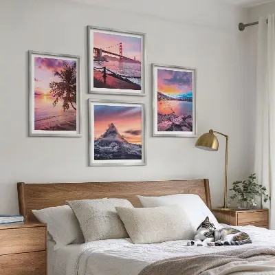 Ensemble de 4 tableaux représentant un paysage de pont au coucher du soleil