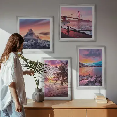 Ensemble de 4 tableaux représentant un paysage de pont au coucher du soleil