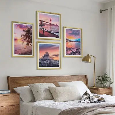 Ensemble de 4 tableaux représentant un paysage de pont au coucher du soleil