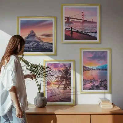 Ensemble de 4 tableaux représentant un paysage de pont au coucher du soleil