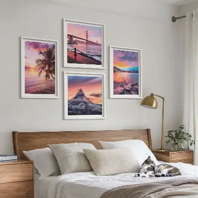 Ensemble de 4 tableaux représentant un paysage de pont au coucher du soleil