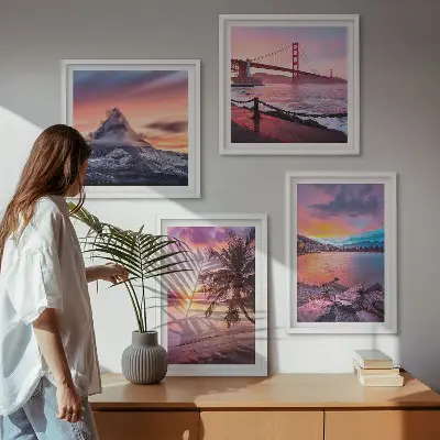 Ensemble de 4 tableaux représentant un paysage de pont au coucher du soleil