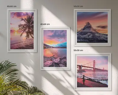 Ensemble de 4 tableaux représentant un paysage de pont au coucher du soleil