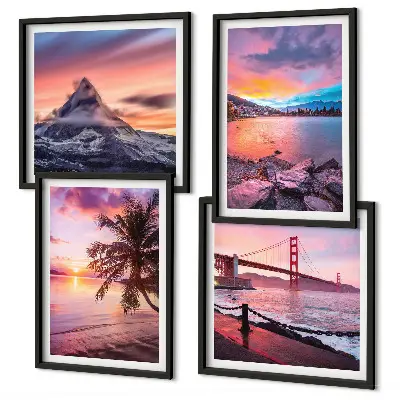 Ensemble de 4 tableaux représentant un paysage de pont au coucher du soleil