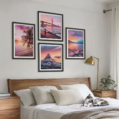 Ensemble de 4 tableaux représentant un paysage de pont au coucher du soleil
