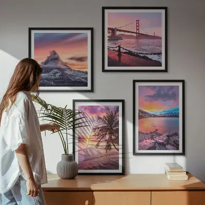 Ensemble de 4 tableaux représentant un paysage de pont au coucher du soleil