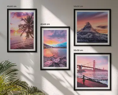Ensemble de 4 tableaux représentant un paysage de pont au coucher du soleil