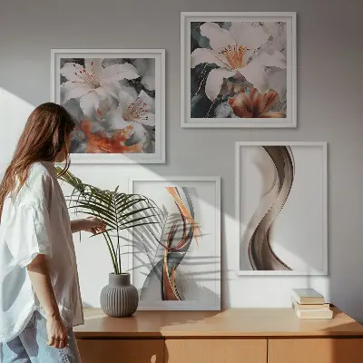 Mur de tableaux ondes jaune gris et brun