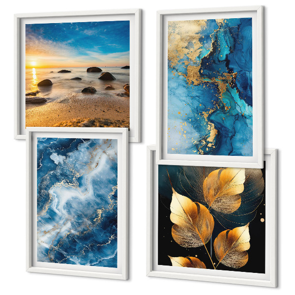 Ensemble de 4 tableaux Images de motifs or bleu