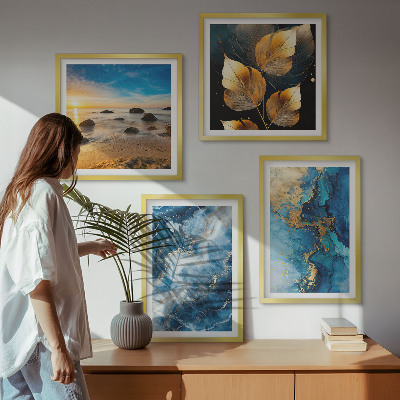 Ensemble de 4 tableaux Images de motifs or bleu