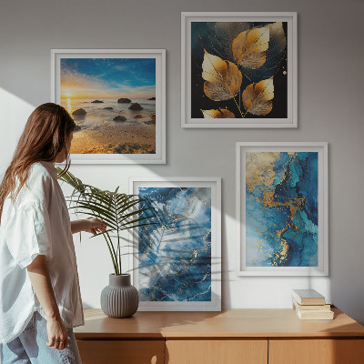 Ensemble de 4 tableaux Images de motifs or bleu