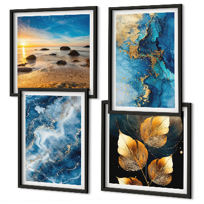Ensemble de 4 tableaux Images de motifs or bleu