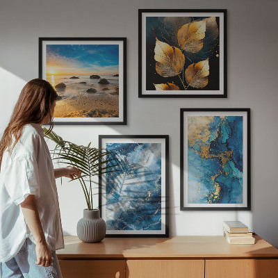 Ensemble de 4 tableaux Images de motifs or bleu