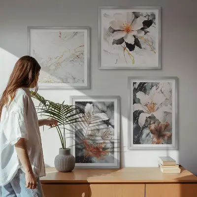 Mur de tableaux fleurs en marbre blanc et noir
