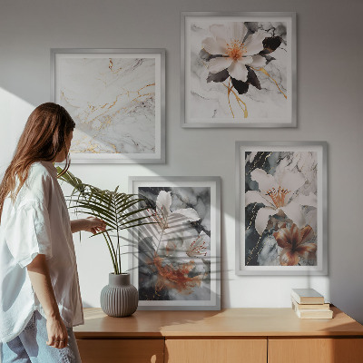 Mur de tableaux Fleurs marbre blanc noir