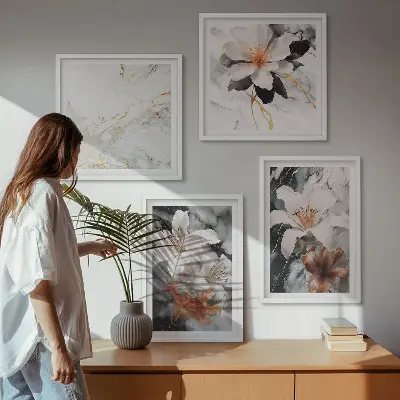 Mur de tableaux fleurs en marbre blanc et noir