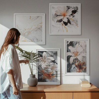 Mur de tableaux Fleurs marbre blanc noir