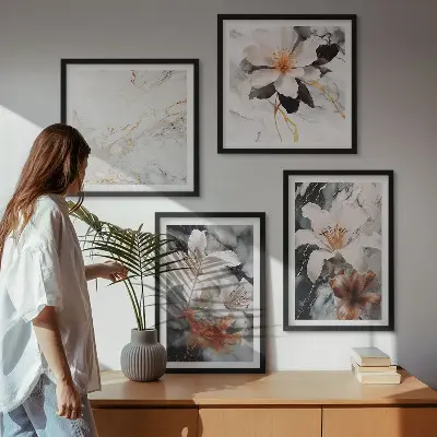 Mur de tableaux fleurs en marbre blanc et noir