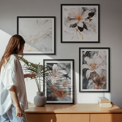 Mur de tableaux Fleurs marbre blanc noir
