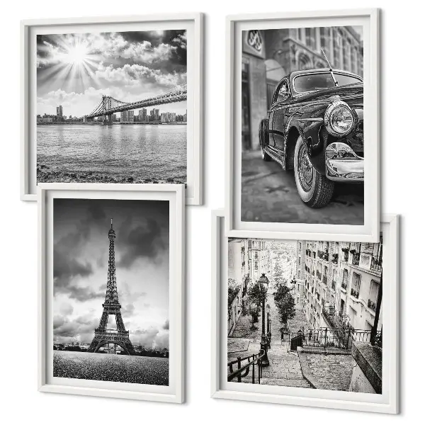 Ensemble de 4 tableaux représentant des vues de la ville, des ponts, la tour Eiffel et une voiture