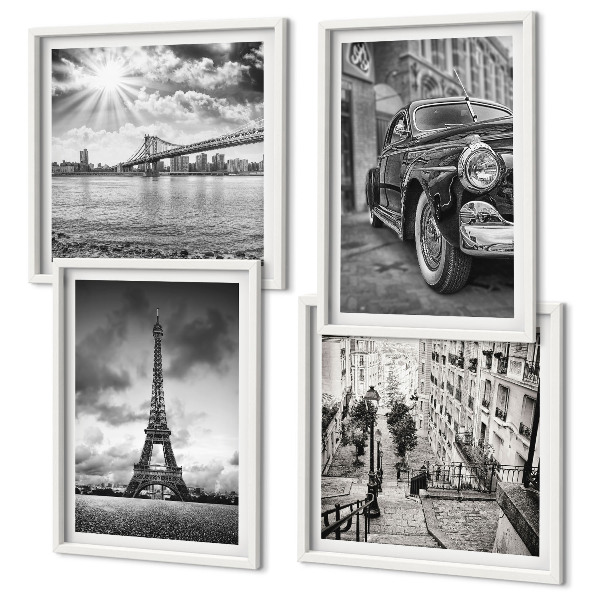 Ensemble de 4 tableaux Vues de la ville, ponts, tour eiffel, voiture