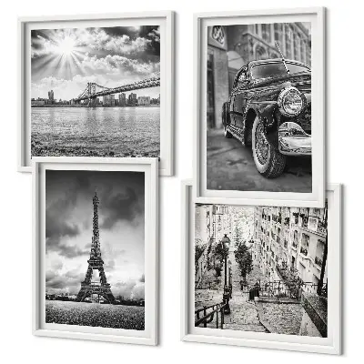 Ensemble de 4 tableaux représentant des vues de la ville, des ponts, la tour Eiffel et une voiture