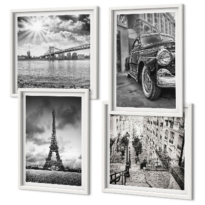 Ensemble de 4 tableaux Vues de la ville, ponts, tour eiffel, voiture